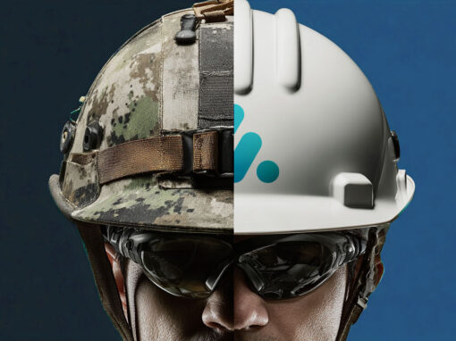 Split image showing half a military helmet and half a construction hard hat, symbolizing the transition from military service to skilled trade work.